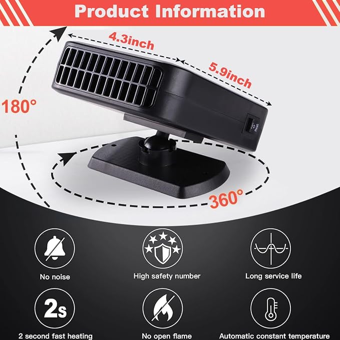 Portable Car Heaters for Vehicle,12V Car Heater that Plugs into Cigarette Lighter,200W Fast Heating Car Defroster Defogger 360° Rotatable 2 in 1 Heating & Cooling (Red)