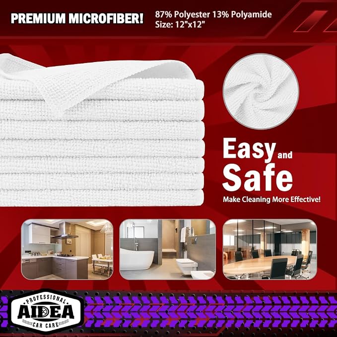 AIDEA Microfiber Cleaning Cloth White 10PK, Microfiber Towels for Cars, Premium Car Cloths, Dusting Cloth Lint Free Cleaning Rags for SUVs, House, Kitchen, Window, Workshops,12×12"