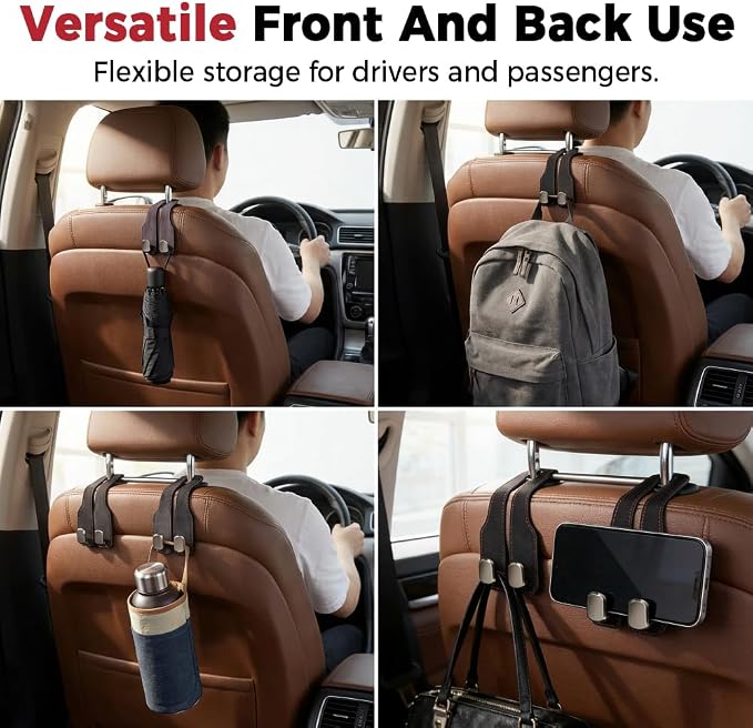Car Seat Back Storage Hook, 2026 New Car Seat Headrest Hook for Purses and Bags, Leather Car Seat Back Storage Hooks, Car Seat Hangers Organization Accessories (Black 2pcs)