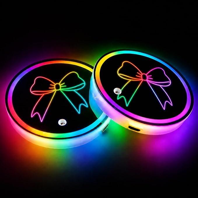 Bow LED Cup Holder Lights for Car,7 Colors Light Up Cup Holder Coasters for Car Decor,Vibration Sensor Coasters,Bow Auto Accessories Gifts for Women Men,Universal for SUV Sedan Truck