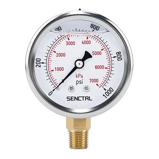 0-1000 Psi Glycerin Liquid Filled Pressure Gauge, 2.5" Dial Size, 1/4" NPT Lower Mount, Stainless Steel Case, for Air Gas Water Oil Hydraulic Pressure Test
