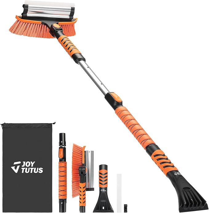 41.5IN Extendable Snow Brush and Ice Scraper, 270°Pivoting Snow Scraper Brush for Car Windshield, Telescoping Ice Scraper, Foam Grip, Heavy Duty Snow Remover for Cars, Trucks, SUV (Orange)