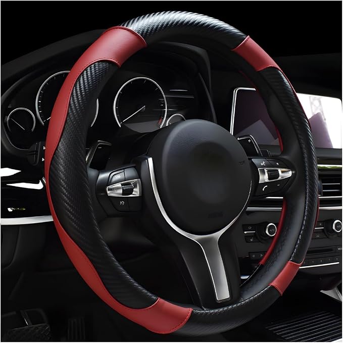 Car Steering Wheel Cover, 15 Inch Carbon Fiber Leather Stitching Color Steering Wheel Protector, Anti-Slip Elastic Breathable Steering Wheel Cover Stylish Decor for Most Cars (Wine Red)