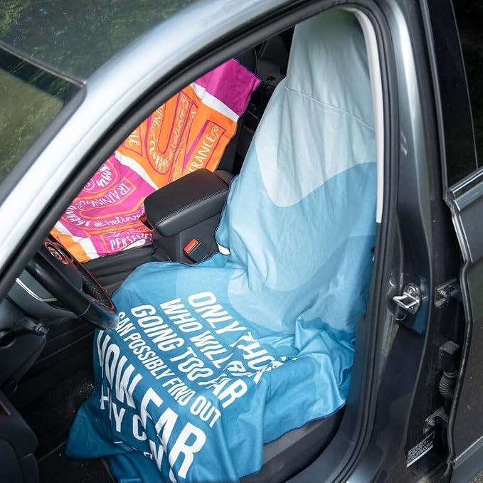 Car Seat Towel Cover – Hooded Moisture-Wicking Microfiber Seat Protector – 30" x 60" – for Runners and Outdoor Enthusiasts – Only Those Who Risk Going Too Far