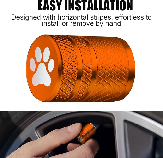 Tire Valve Stem Caps - (4 Pack) Cat Paw Print Metal Air Caps with Plastic Liner, Durable, Corrosion Resistant and Leak-Proof, Universal Fit for Cars, Trucks, Motorcycles, and Bikes - Orange