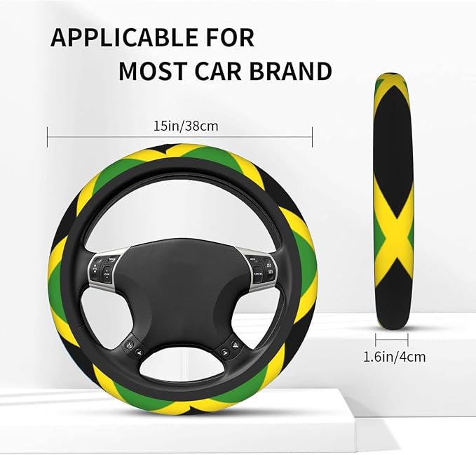 Car Steering Wheel Cover for Women Men, Non-Slip Jamaica Jamaicans Flag Car Accessory, Universal 14"-15" Fit for Cars, SUVs, Trucks (Jamaican Flag)