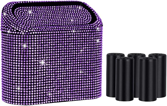 Car Trash Can with Lid, Mini Vehicle Trash Bin Car Dustbin Garbage Organizer,Bling Crystal Automotive Garbage Can Bin Trash Container for Auto Cars, Home, Office,Purple