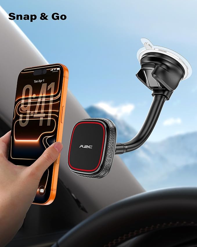 Phone Holder for Car, Dashboard Windshield Phone Holder Mount with Flexible Arm & Built-in Strong Magnets, Suction Cup Phone Holder for Car Compatible with MagSafe