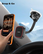 Phone Holder for Car, Dashboard Windshield Phone Holder Mount with Flexible Arm & Built-in Strong Magnets, Suction Cup Phone Holder for Car Compatible with MagSafe