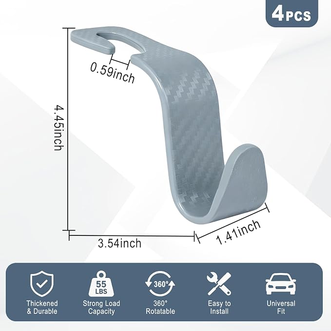 Car Seat Hooks for Headrest 4 Pack, Car Seat Back Storage Hook, Universal Vehicle Headrest Hanger for Purse, Handbag, Coat, Umbrella, Grocery Bags, Practical Interior Accessories