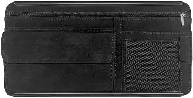 Suede Car Sun Visor Organizer with Multi-Pocket Net Zipper, Glasses Case, Sunglass Holder for Interior Accessories (Black)