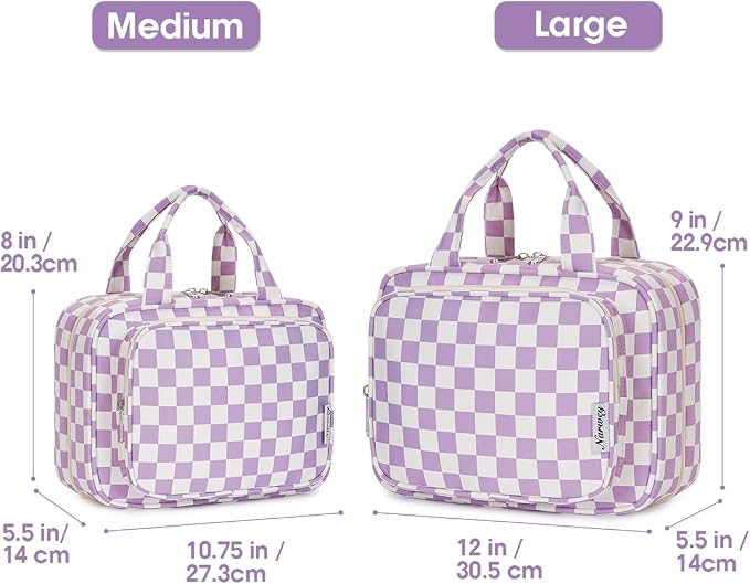Travel Toiletry Bag for Women Large Hanging Makeup Bag Organizer Toiletries Bag for Full Size Essentials Accessories Cosmetics (Purple Checkerboard (Large))