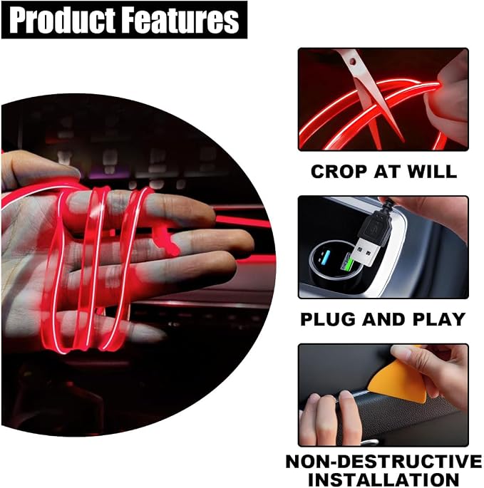 EL Wire Interior Car LED Strip Lights, USB Car Neon Light Strip with Sewing Edge, 16FT Neon Light 5V with Fuse Protection, Electroluminescent Car Indoor Decorations (Red)