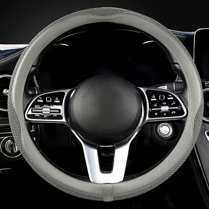 Car Steering Wheel Cover, Universal 15 inch, The Latest Microfiber Leather Breathable Technology Fabric, Non-Slip, Comfortable, Warm in Winter and Cool in Summer, Grey