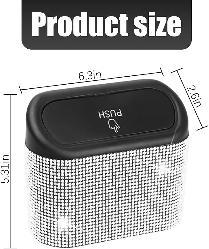 Bling Car Trash Can with Lid, Crystal Rhinestones Leakproof Auto Garbage Hanging Container Bin, Multipurpose Diamond Dustbin Storage Organizer, Universal Vehicle Accessories (White)