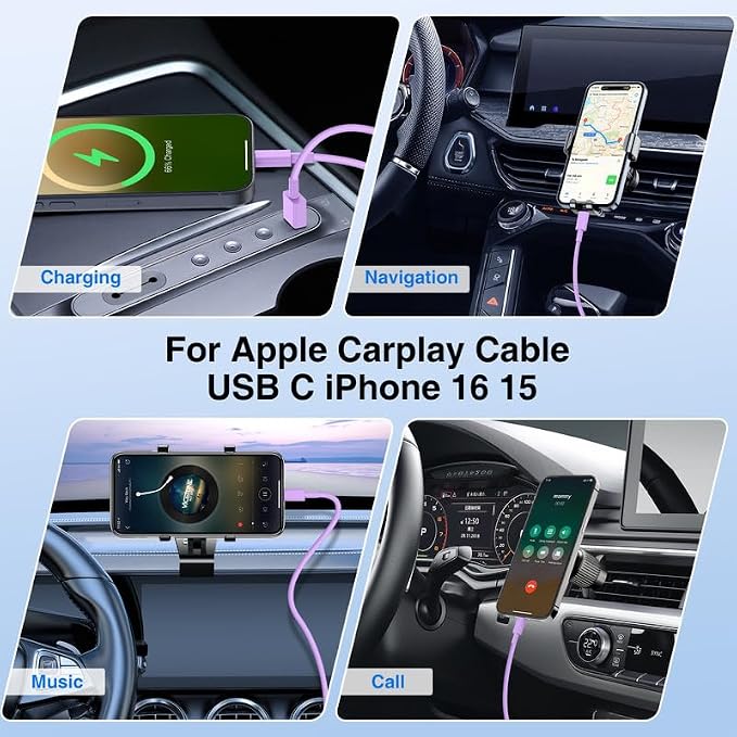 USB C Car Charger for iPhone 17 16 15 Pro Max,40W Dual Port USB-C & USB-A Car Fast Charging Adapter, 2X3FT C to C Cable & A to C Carplay Cable for iPhone 17 16 15 Series/iPhone Air,iPad,Samsung-Purple