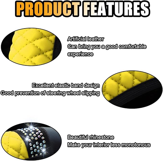 15 Inch Bling Soft Leather Car Steering Wheel Cover, Yellow | Colorful Rhinestones Design, Auto Elastic Protector for Women Girls, Crystal Diamond Car Accessories for Most Cars, SUVs