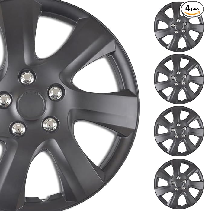 4-Pack Premium 16 Inch Rim Wheel Cover Hubcaps for Cars Trucks SUVs Vans, Direct OEM Replacement Universal Fit Snap-On ABS Hubcaps 16 inch Wheel Covers - Set of 4 Hub Caps - 7-Spokes Matte Black
