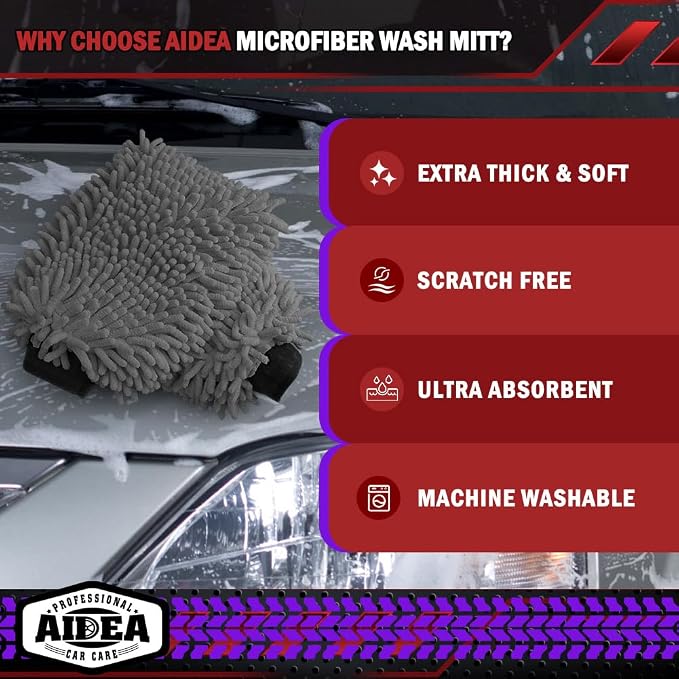 AIDEA Car Wash Mitt Microfiber, 2PK, Car Wash Brush, Grey, 7.12' X10.14'' | Scratch Free Lint Free Premium Chenille Microfiber Mitt, Cleaning Supplies, Regular Size