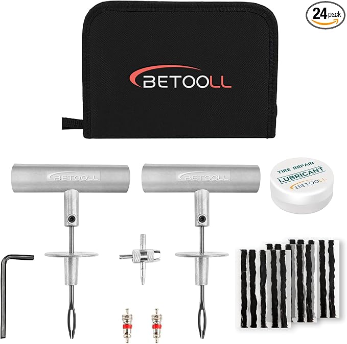 Tire Repair Kit, 24 Pcs Professional Heavy Duty Universal Emergency Flat Tire Repair Kit to Fix Punctures, for car Motorcycle, Truck, Golf Cart, ATV, Tractor, ARB, RV, SUV, Trailer etc.(Black)