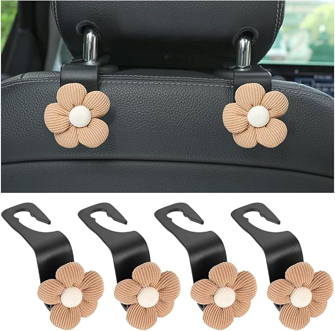 4PCS Car Headrest Hooks, Cute Flower Vehicle Seat Organizer Hooks for Purses and Bags, Portable Automotive Purse Hanger Holder Decoration, Universal for SUV, Sedan, Truck (Orange/Black)
