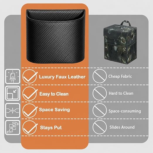 Leather Car Trash Can – Leakproof & Easy-to-Clean Car Garbage Can for Luxury Cars, SUVs & Trucks | Includes 60 Custom Liners, Secure Hook, Easy Install, Carbon Fiber