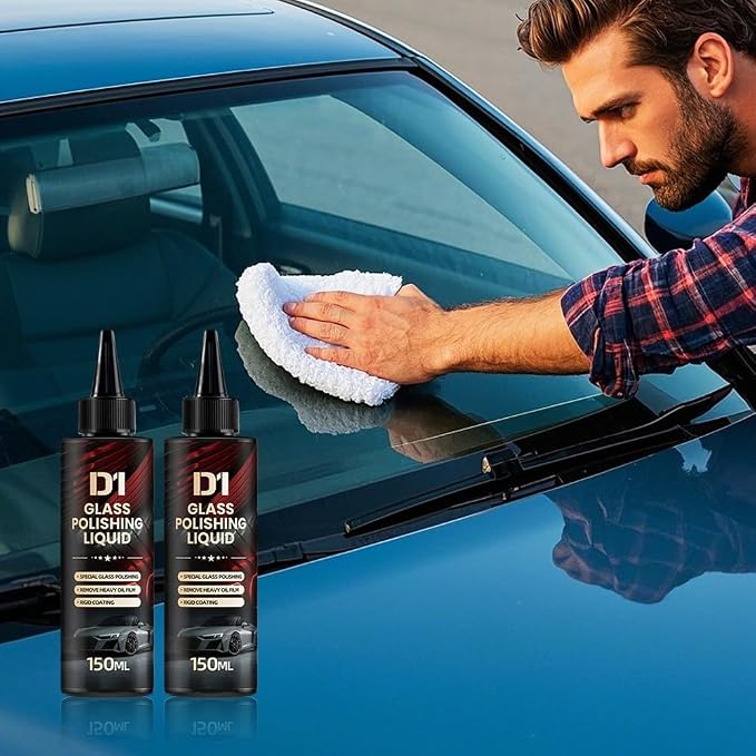 D1 Glass Polishing Liquid, 2025 New Car Glass Oil Film Remover and Auto Scratch Repair Compound, Car Glasses Polishing Compound, Anti-Fog Hydrophobic Coating Spray with Sponge (black-2pcs)