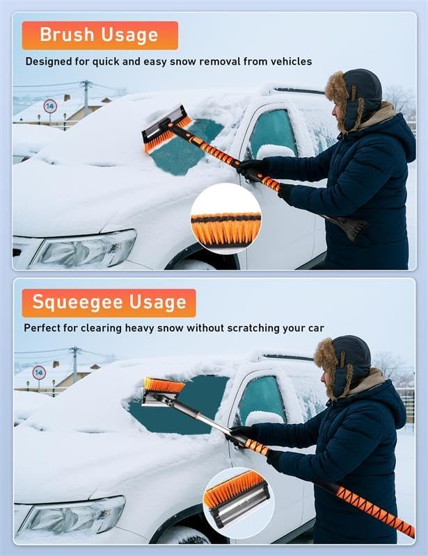 55" Telescopic Snow Brush and Ice Scraper for Car Windshield & Windows | 270° Rotating Snow Broom with Squeegee | Extendable Snow Removal Brush for SUV, Truck, and Car