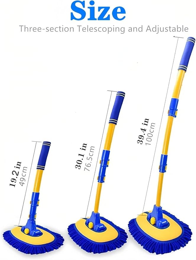 MVEQRRN 15°Curved Chenille Car Wash Brush Mop with Long Handle(Blue) | Telescopic Pole Car Brush,Microfiber Car Washing Brush with Scratch-Free, Replacement Mop Head,For Cars, Trucks, Home & RV