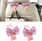 2PCS Bling Bow Car Seat Headrest Hooks, Crystal Rhinestone Vehicle Rear Seat Hanging Storage Hooks for Purses Bags Coats, Auto Headrest Storage Organizer, Universal Fit (Pink)