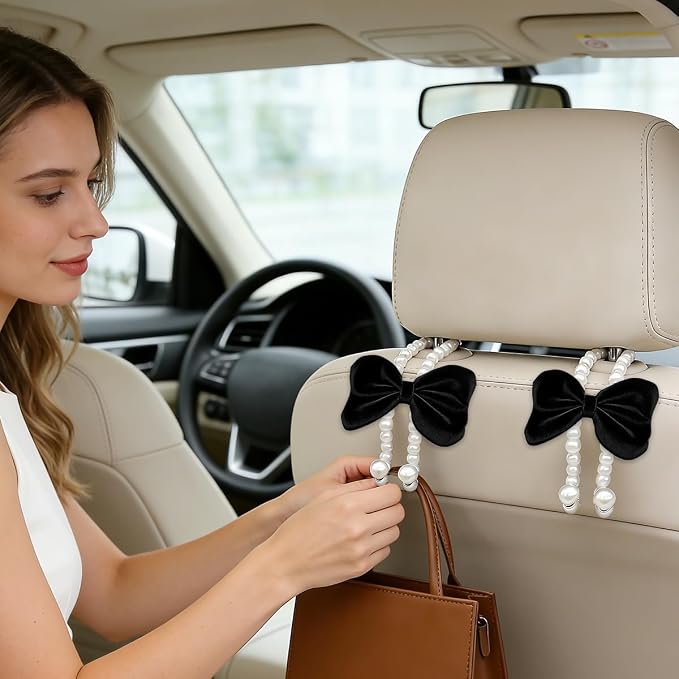 2PCS Bow Pearl Car Seat Headrest Hook, Cute Vehicle Seat Hangers Storage Organizer for Handbag Purse Coat, Auto Interior Headrest Decorative Hook, Universal for SUV RV Truck (Black)