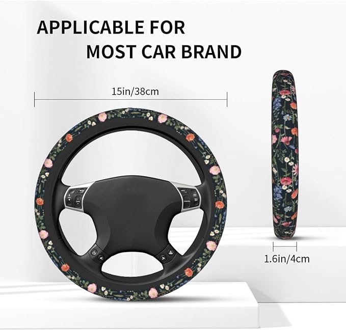 Wildflower Car Steering Wheel Cover + 2 Cute Floral Car Coasters 15 Inch | Multicolor Wildflower Steering Wheel Cover Anti-Slip Breathable Universal for Suitable for Men Women
