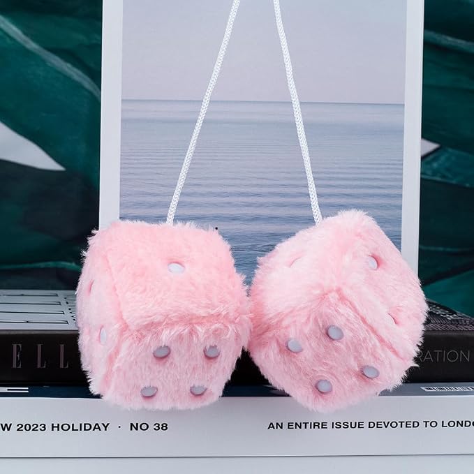 Fuzzy Plush Dice for Car Mirror, Pair of Retro 3” Light Pink Dice with White Dots for Car Interior Hanging Ornament Decoration (Light Pink)