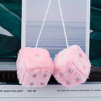 Fuzzy Plush Dice for Car Mirror, Pair of Retro 3” Light Pink Dice with White Dots for Car Interior Hanging Ornament Decoration (Light Pink)