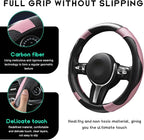 Car Steering Wheel Cover, 15 inch Carbon Fiber Microfiber Leather Elastic Steering Wheel Protector, Breathable Anti-Slip Comfortable Steering Wheel Covers for Most Cars (Black&Pink)