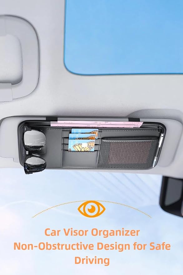 Car Sun Visor Organizer, Universal Fit for Most Cars & SUVs, Nappa Leather Visor Pocket Holder with 6 Pockets for Sunglasses, Phone, Cards, Easy Installation No Tools