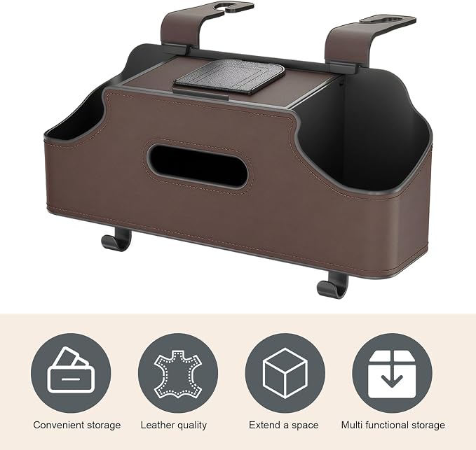 1 PC Car Seat Back Organizer, Car Back Seat Multi-Function Storage Box with 2 Drink Cup Holders, 11.42" x 3.35" Leather Tissue Organizer, Universal for Most Cars, Trucks, SUVs (Brown)