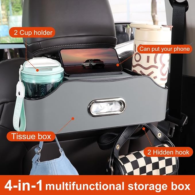 Back Seat Cup Holder for Car – Multifunctional Seat Back Organizer with Drink Holders, Tissue Box Storage & Hooks, Fits Headrest for Auto. (Gray)