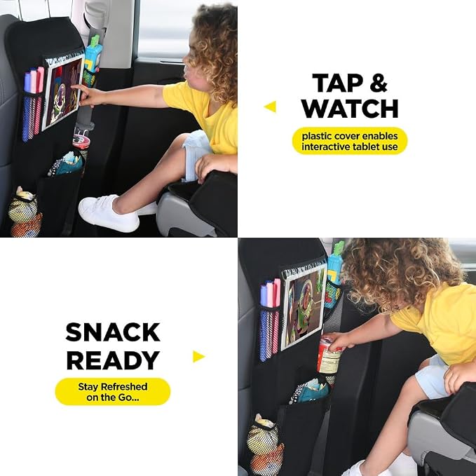 Back Seat Cover for Kids + 6 Pocket Storage Organizer, 2 Pack X-Large Kick Mats Backseat Protector with iPad Tablet Holder, Car Seat Back Protectors for Vehicles to Protect from Dirt & Mud