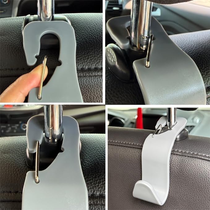 4-Pack 360° Rotating Car Seat Headrest Hook 4 Pack Hanger Universal Vehicle Car Storage Organizer for Handbag Purse Coat with Clip Gray