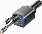 Retractable Car Charger, 99W Car Phone Charger with Cables Fast Charging, USB C Car Charger Adapter for iPhone 17 16 15 14 13 12, Samsung, Black