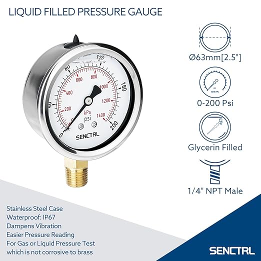 0-200 Psi Glycerin Liquid Filled Pressure Gauge, 2.5" Dial Size, 1/4" NPT Lower Mount, Stainless Steel Case, for Water Oil Pressure Test in Pipe Pool Pump Sand Filter Air Compressor