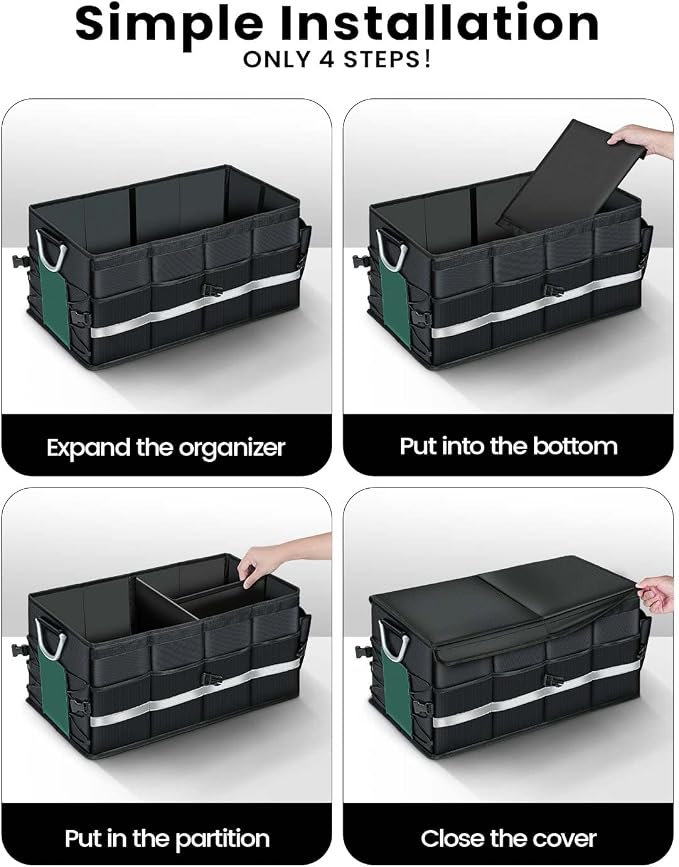 Trunk Organizer With Waterproof Bag, Collapsible Multi Compartment Storage for Car, SUV, Sedan, Truck - Non Slip Bottom, Aluminium Handle (Black, Large 66L)