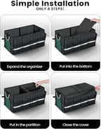 Trunk Organizer With Waterproof Bag, Collapsible Multi Compartment Storage for Car, SUV, Sedan, Truck - Non Slip Bottom, Aluminium Handle (Black, Large 66L)