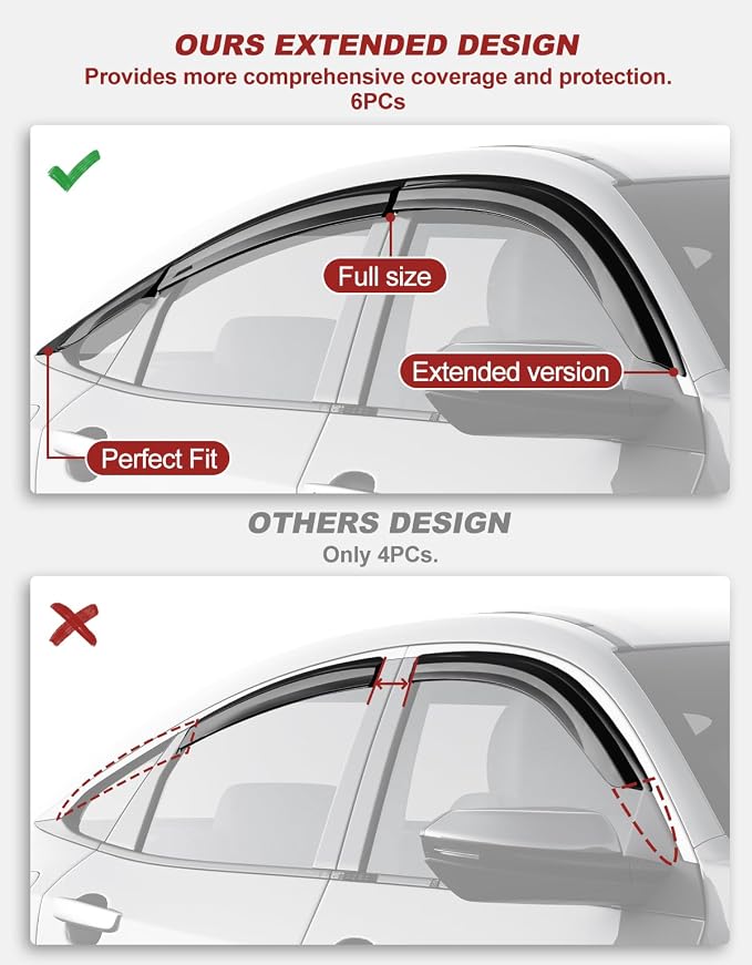 Window Rain Guards Fit for Honda Civic Sedan 2016-2021 | Premium Rain Protection + Fresh Air Ventilation | 6-Pcs Coverage Set | Thicker Acrylic Outside-Mount | Dark Smoke No-Drill Install