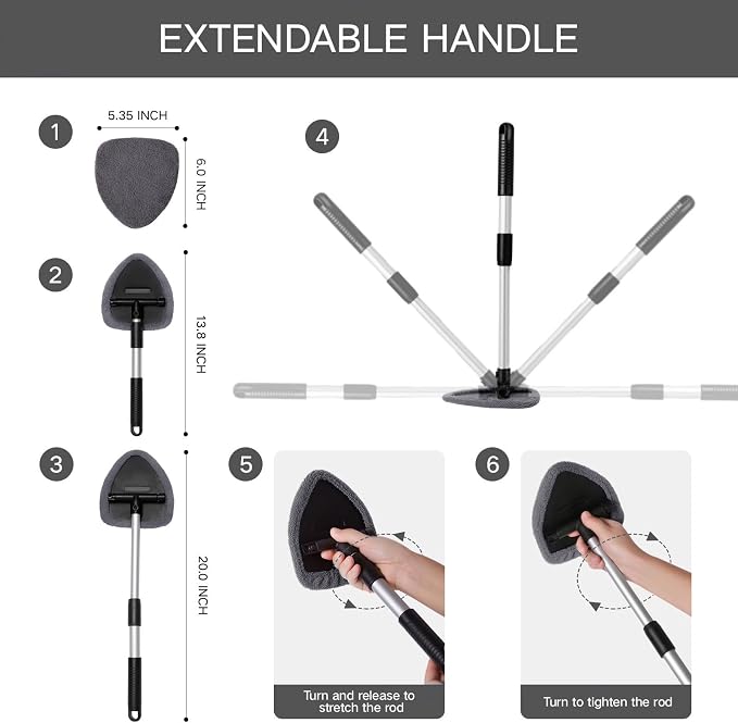 10pcs Windshield Cleaning Tool Inside Car Window Cleaner Wash Kit with 4 Reusable Microfiber Pads 1 Spray Bottle and Extendable Handle Interior Auto Glass Wiper Kit, Multicolor