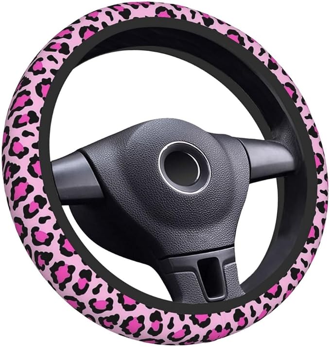 Elastic Steering Wheel Cover Car Accessories Cute Universal 15 Inch Absorbing Sweat Non-Slip Breathable for Woman - Pink Leopard Printed