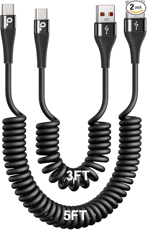 Coiled USB C Cable Fast Charging for Car 3FT/5FT, USB A to USB C Cable, Type C Charge Cord USB-C Charging Cable Compatible with iPhone 17/16/15/Samsung Galaxy S20 and More USB C Devices-Black