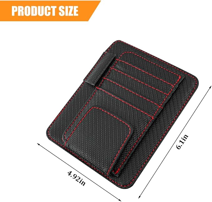 Car Sun Visor Organizer, PU Leather Vehicle Visor Document Storage Pocket for Sunglass Card Pen, Multifunctional Automotive Interior Holder Accessories, Universal Fit (Carbon Black/Red)