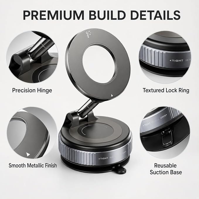 Vacuum Magnetic Phone Holder for Car, 96LBS Suction Cup & 2800gf Magnetic Hold, 360° Foldable MagSafe Car Mount for Dashboard, Windshield, Gym & Mirror, Compatible for iPhone 17–12 and Android